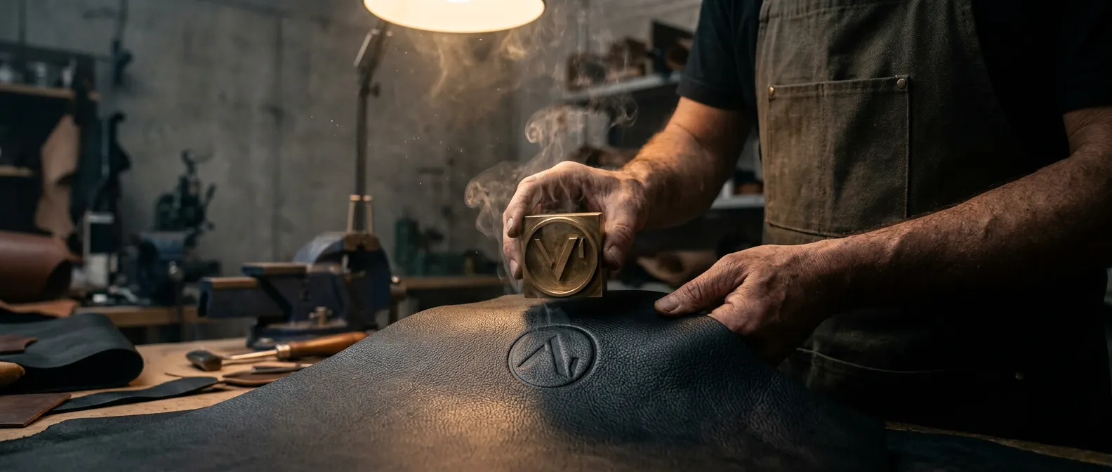 Artisan pressing the ANON mark into black leather